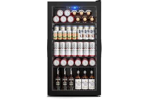 Manastin 130 Can Beverage Refrigerator, 3.2 Cu.ft Mini Fridge with Glass Door for Drink, Beer, Wine, LED Light, 34-64â„‰, Adjustable Removable Shelves, Beverage Cooler for Bedroom, Office, Bar