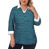 Koscacy Plus Size Womens Golf Polo Shirts 3/4 Sleeve Collared V Neck Colorblock Workout Tops