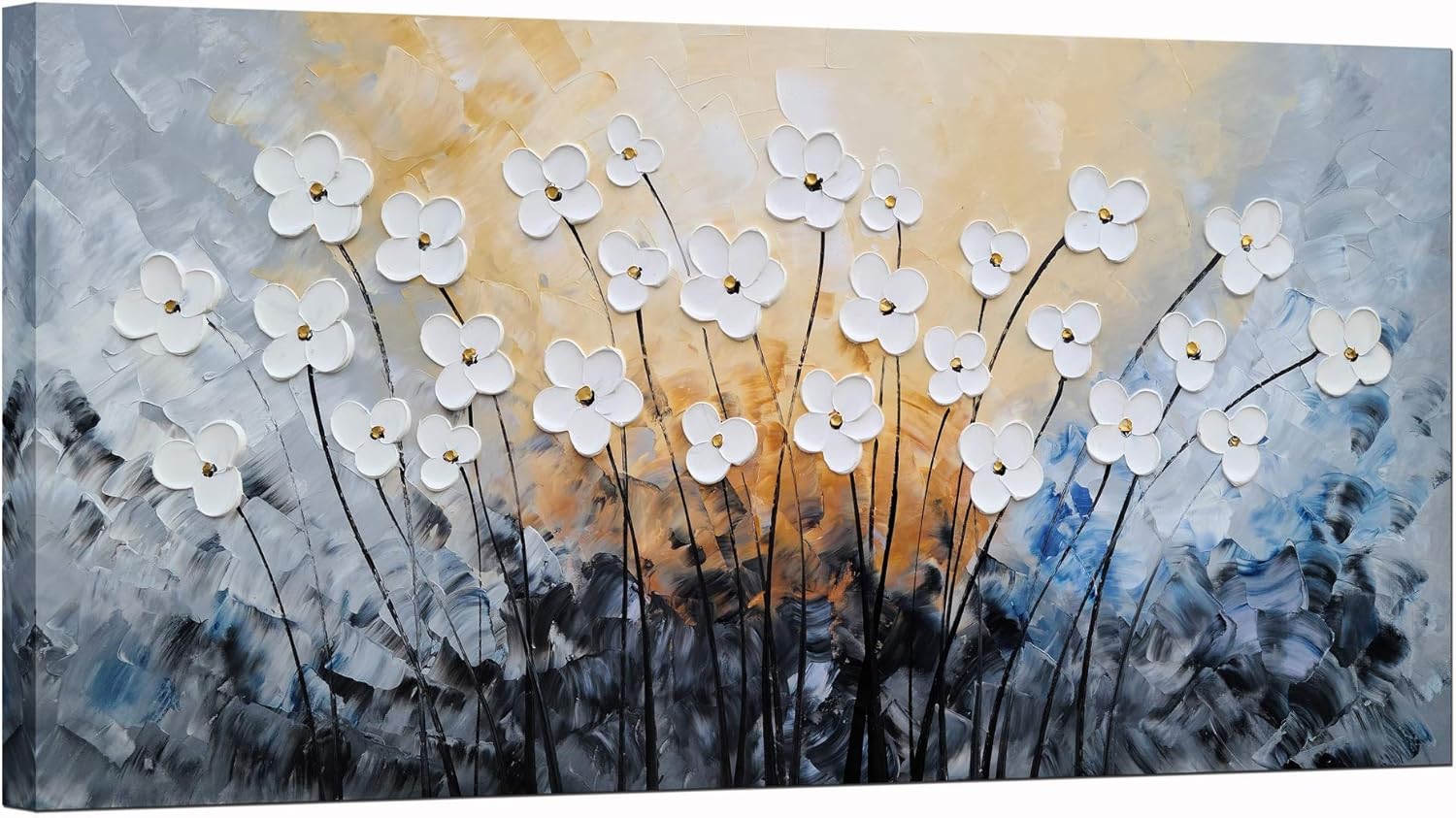 Paintings - SYGALLERIER White Flower Canvas Wall Art - Hand Painted 3D Oil Paintings - Black Blue Pictures for Living Room Farmhouse Dinning Room Decor