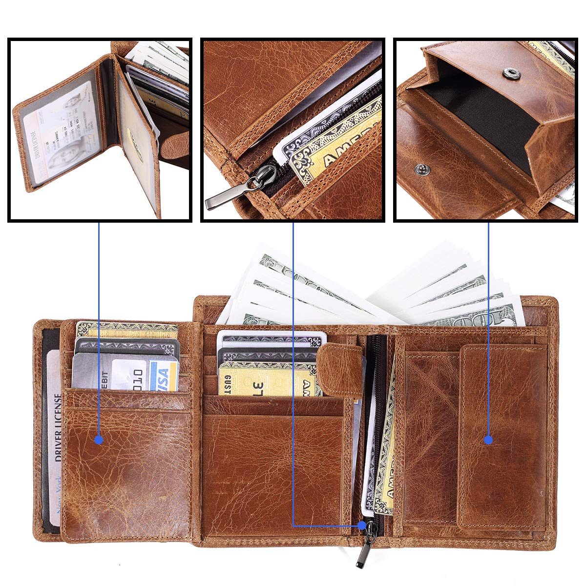 IVESIGN Bifold Travel Wallet RFID Blocking Genuine Leather Credit Card Holder