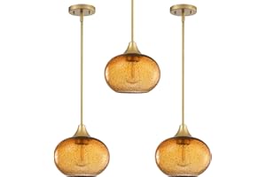 SEENMING HOUSE 1 Light Hanging Indoor Kitchen Island Pendant Ceiling Light Fixtures 7.7" Black Seeded Brownish Glass,Modern Farmhouse Dinning Over Sink (Amber Glass, Brushed Bronze 3 Pack)