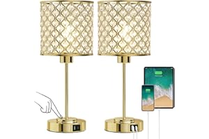 Crystal Touch Control Table Lamp with 2 USB Charging Ports 3-Way Dimmable Nightstand Lamp Set of 2 Crystal Decorative Bedside