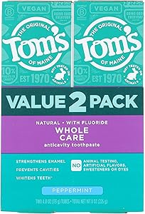 Tom's of Maine Whole Care Natural Toothpaste with Fluoride, Peppermint, 4 oz. 2-Pack (Packaging May Vary)