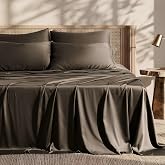 EverGrace 100% Rayon from Bamboo Sheet Set, King Size, Dark Brown | Cooling Breathable Comfort, 400TC Silky Soft Sateen Sheets, 4-Piece Bedding Set, 18" Deep Pocket Fitted Sheet