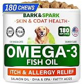Omega 3 for Dogs - Fish Oil for Skin &amp; Coat Health, Itch &amp; Allergy Support | Salmon Oil Treats for Dogs &amp; Cats Shedding, Hot Spots Treatment - EPA&amp;DHA Fatty Acids Supplement - Made in USA, 180Ct