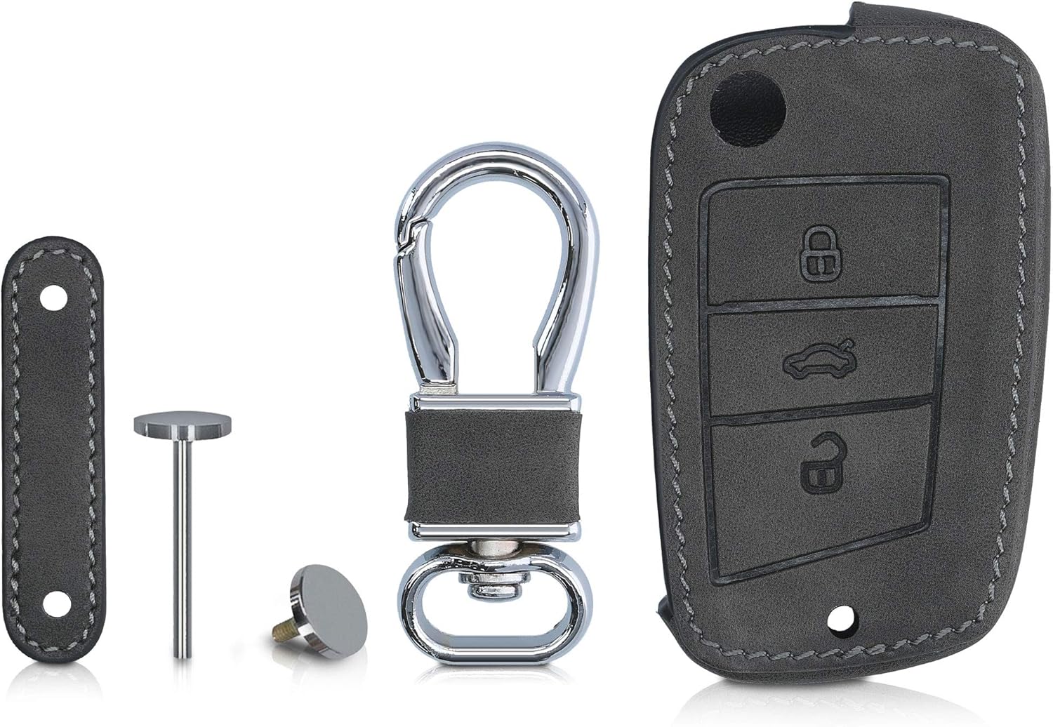 kwmobile Car Key Cover Compatible with VW Golf 7 MK7 3 Button Car Key - Synthetic Nubuck Leather Fob Cover - Dark Grey - Image 5