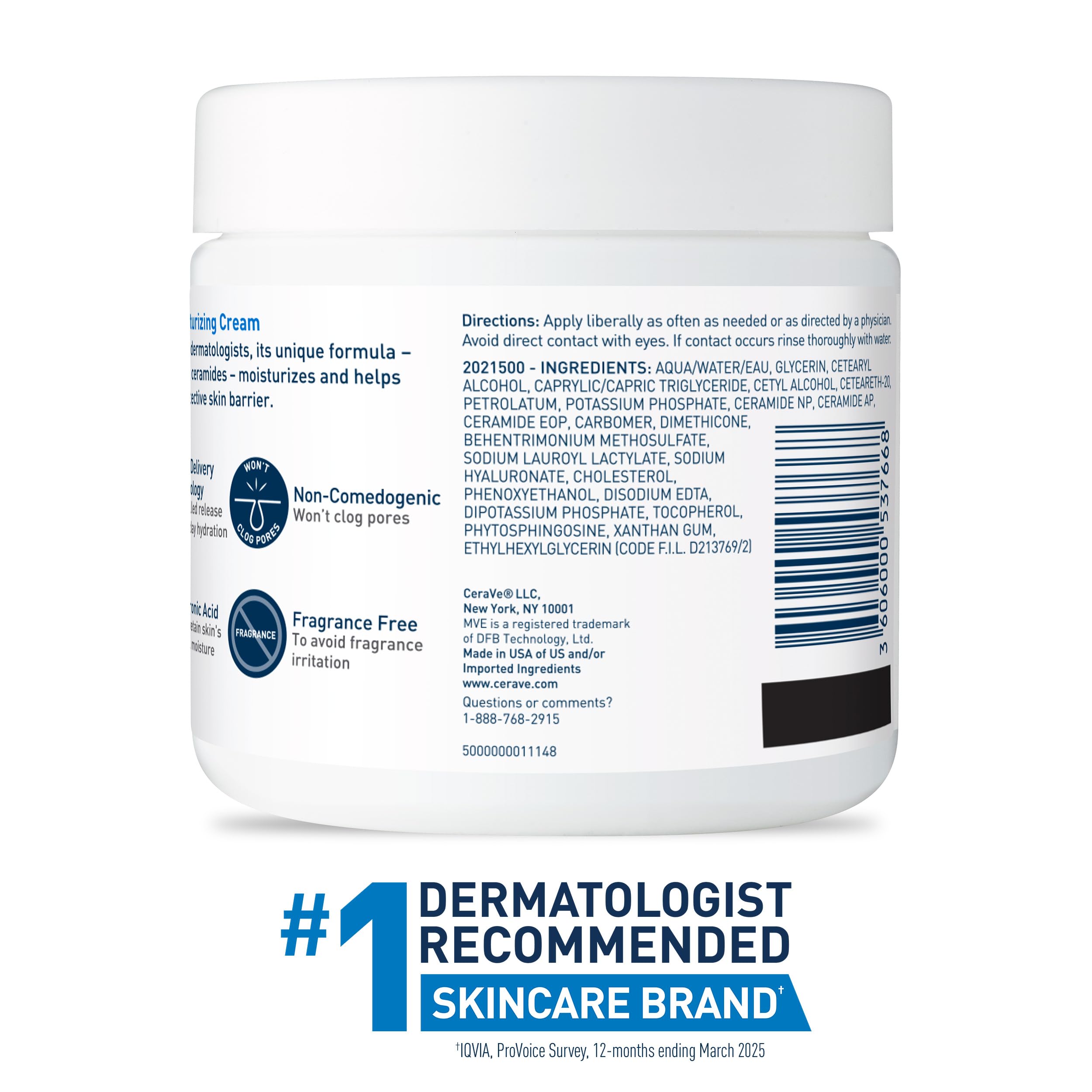 CeraVe Moisturizing Cream, Body and Face Moisturizer for Dry Skin, Body Cream with Hyaluronic Acid and Ceramides, Daily Moisturizer, Oil-Free, Fragrance Free, Non-Comedogenic, 19 Ounce