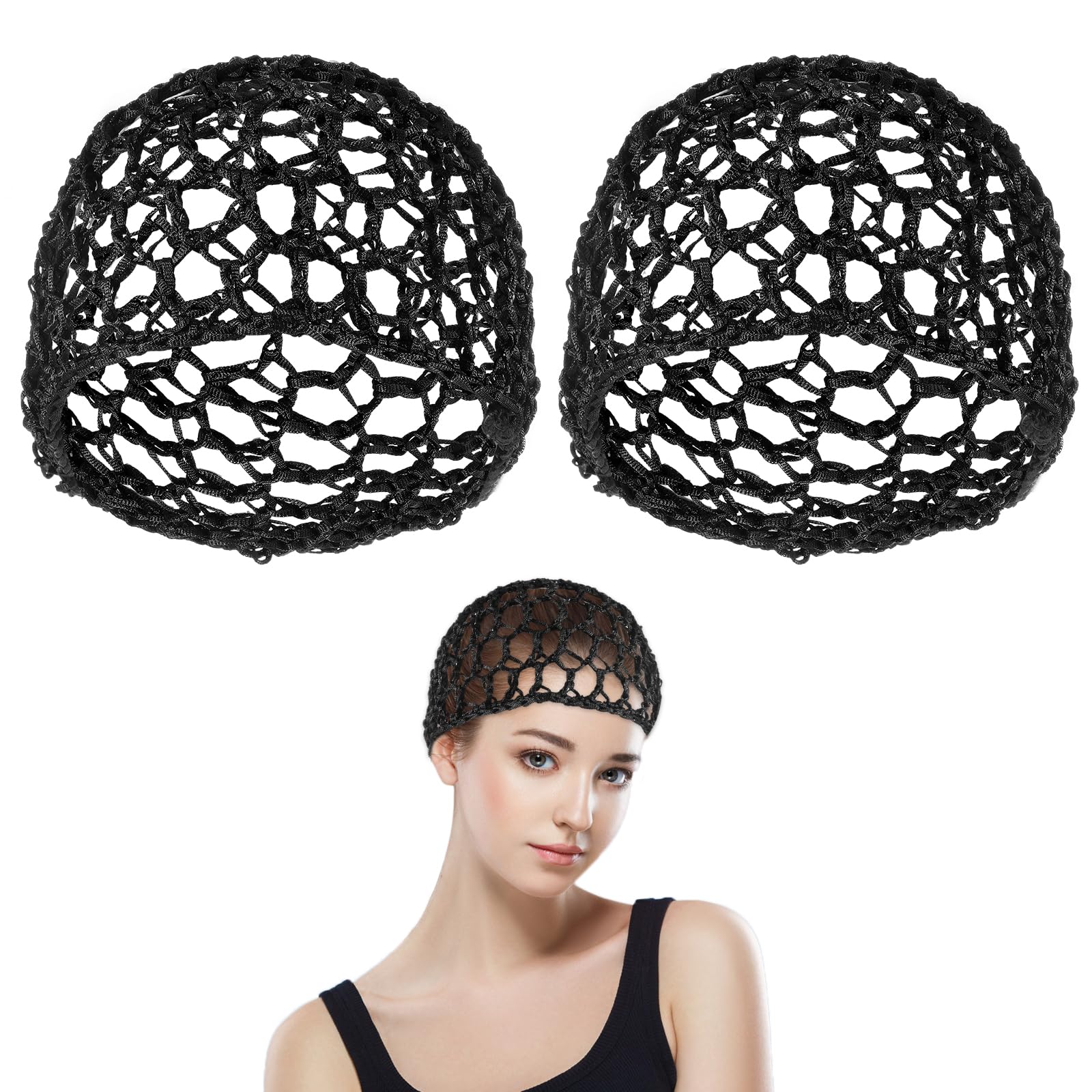 Piriuuo 2 Pcs Hair Nets Cap, Elastic Mesh Crochet Hair Net Snoods for Women, Soft Rayon Crocheted Sleep Caps Hair Wrap Net for Silk Press Cover Accessory for Sleeping (Black)