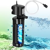 TARARIUM Aquarium Filter U-V for 20-75 Gallon, 200GPH Fish Tank Filter w/ 5W U-V Light Green Clean Machine Submersible Powerful Pump Internal Filter for Turtle Tank Saltwater Freshwater Crystal Clear