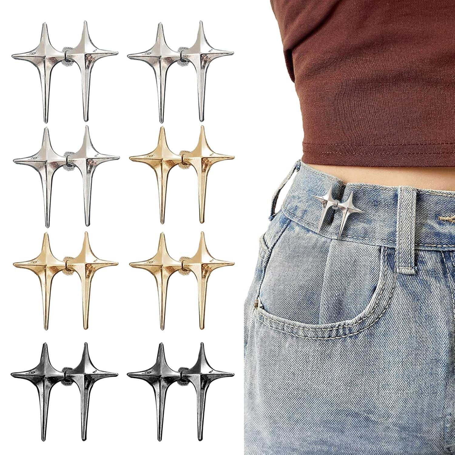 YUBBYSTU 8Pcs Waist Tightener Clips, Pants Clips to Tighten Waist, Adjustable Detachable Trouser Adjuster Reducer, for Jeans Perfect Button Adjuster for Pants, Skirts, Clothe