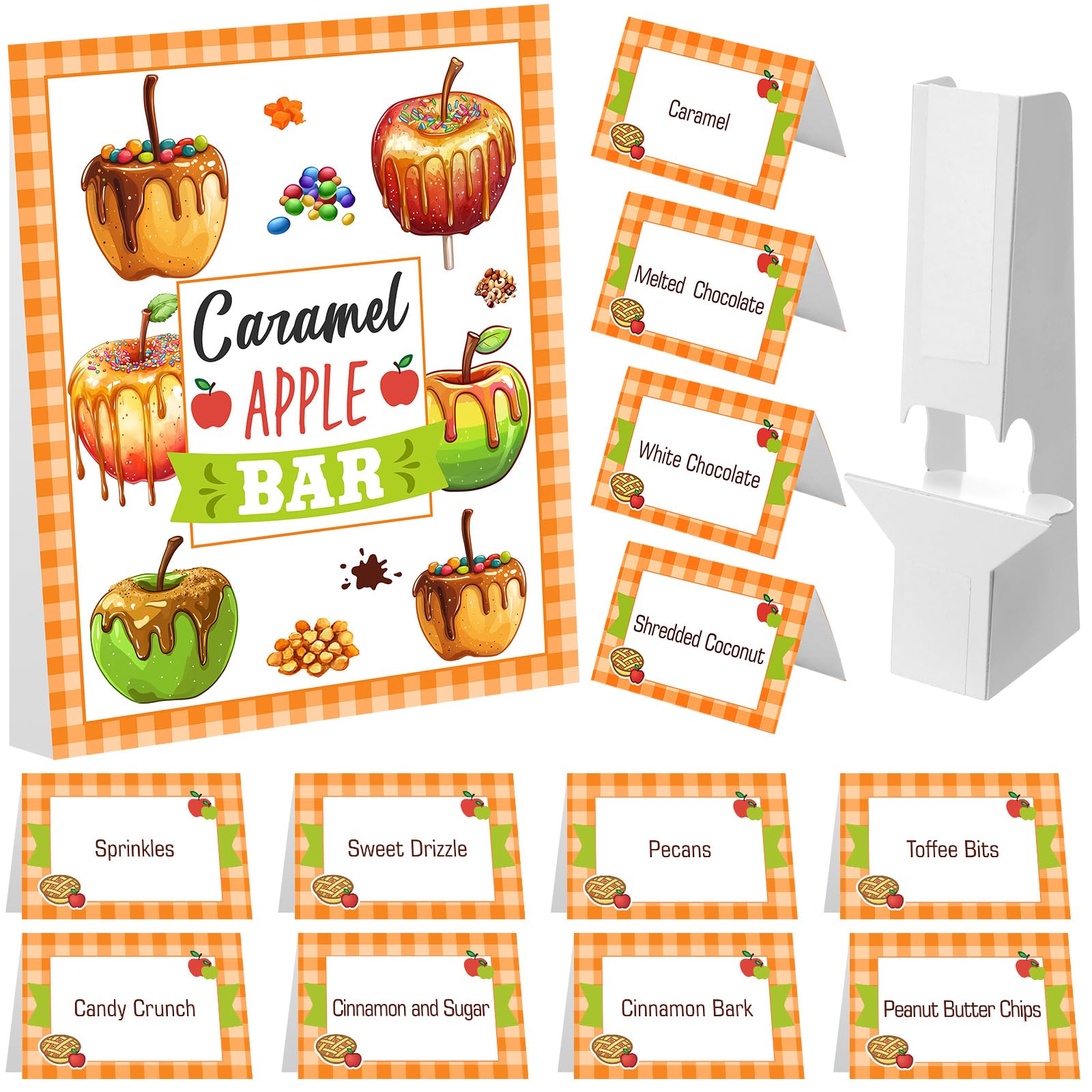 Photo 1 of Marspark 14 Pcs Caramel Apple Dipping Bar Station Decorating Set for DIY Candy Apple Corners Fall Dessert Table Sign with Stand and Cards for Fall Autumn Halloween Thanksgiving Table Decorations