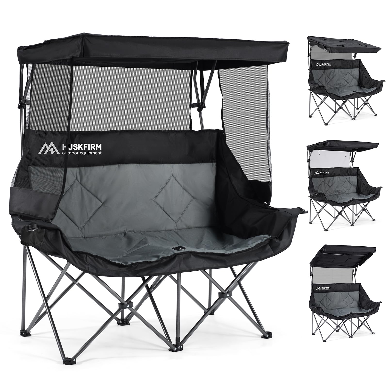 Photo 1 of ***MAJOR DAMAGE ON CANOPY*** Huskfirm Double Camping Chair with Canopy Shade Folding Double Beach Chair with Adjustable Canopy Heavy Duty Loveseat Camping Chair with Two Cup Holders and Carry Bag for Outside, Beach Fishing Sports