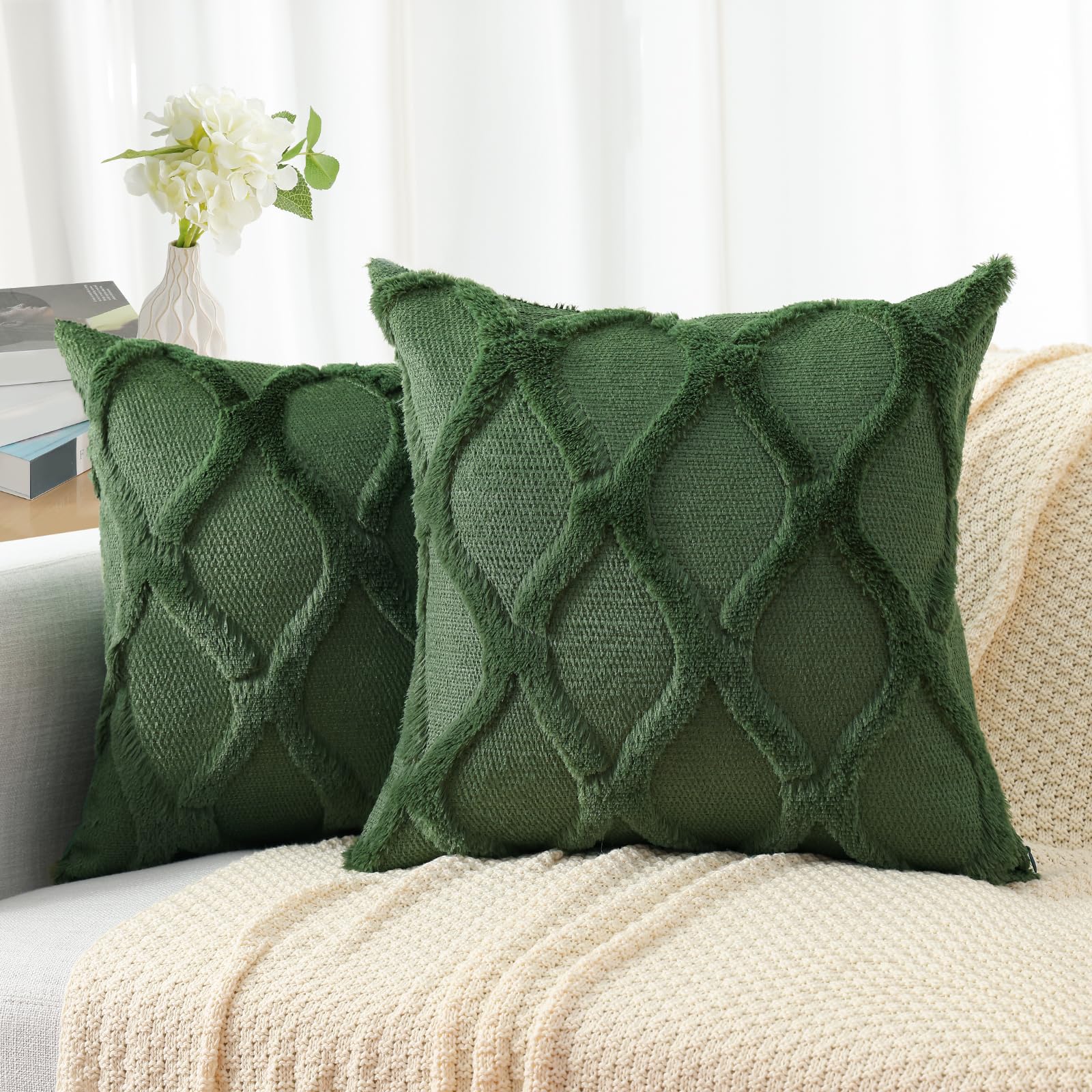 Photo 1 of decorUhome Throw Pillow Covers 18x18 Inch Set of 2, Soft Plush Faux Fur Wool Forest Elf Couch Pillow Covers, Decorative Neutral Pillow Cases for Bed Sofa Living Room Home Decor