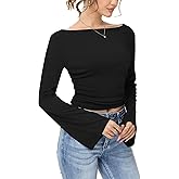 Simlakey Women's Long Bell Sleeve Shirt 2026 Spring Fashion Casual Going Out Top Boat Neck Blouse Slim Fitted Ruched Y2K Top