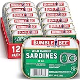 Bumble Bee Sardines in Oil, 3.75 oz Tin (Pack of 12) - Wild Caught, Gluten Free, Keto, Kosher, Clean Ingredients