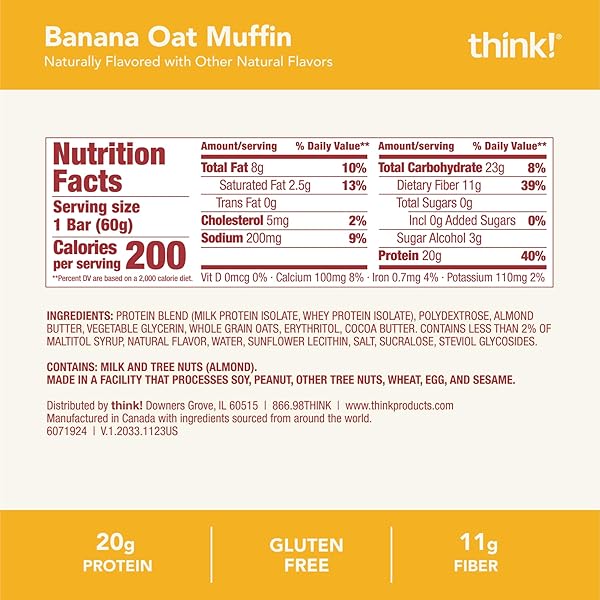 THINK! PROTEIN BARS, HIGH PROTEIN SNACKS, GLUTEN FREE, HIGH FIBER, BANANA OAT MUFFIN, 10 COUNT