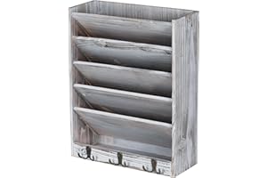 superbpag Wood Hanging File Organizer, 5 Tier Wall File Holder Document Storage Rack with 6 Hooks, Mail Paper Organizer for Home Office Dormitory