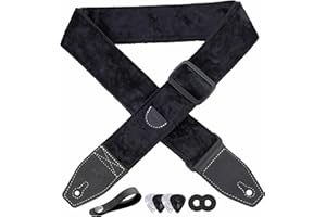 YIKOKO Guitar Strap 2 inch Velvet Guitar Straps with Full Grain Leather End, for Bass Electric and Acoustic Guitars, Free Strap Button, 2 Strap Locks and 4 Guitar Picks