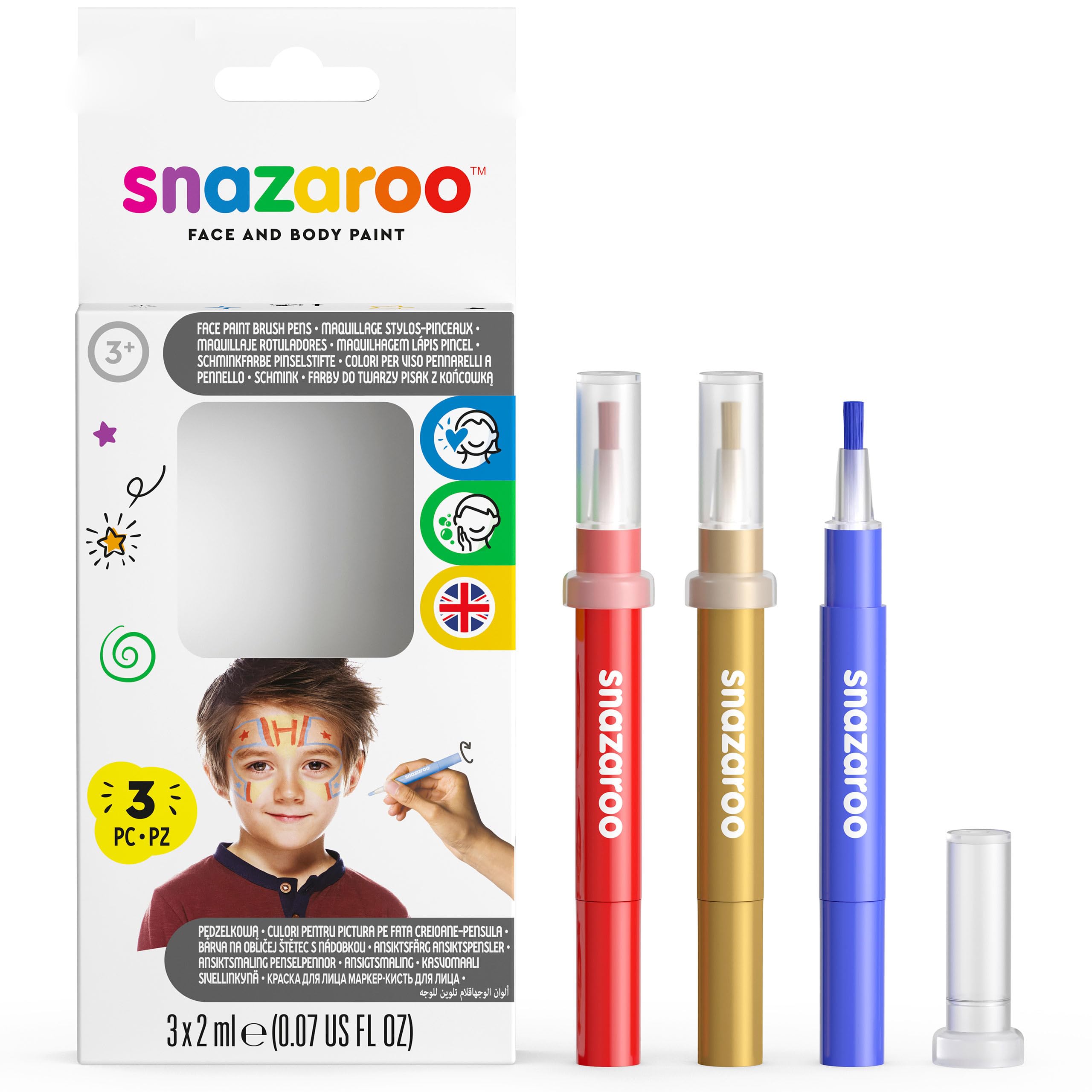 Snazaroo Face Paint Brush Pen, Adventure, Pack of 3, Safe and Non-Toxic, Precision Brush Nib, for Ages 3+