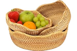 3 Pack Rattan Baskets, Decorative Woven Rattan Basket with Wavy Edge, Natural Rustic Bread Baskets, Produce Organizers, Fruit