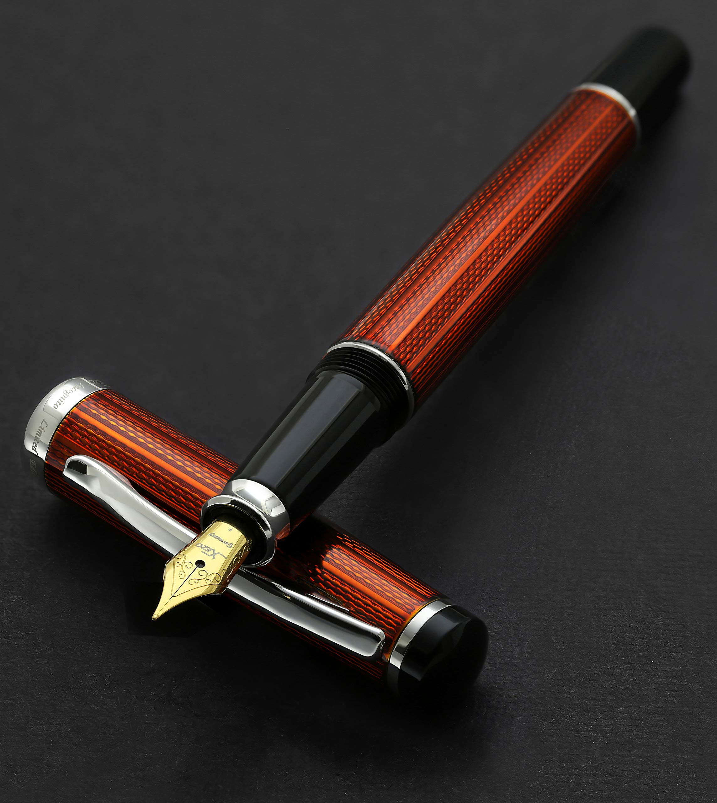 Xezo Incognito Fountain Pen, Fine Nib. Sunstone Orange Color with Pure Platinum Plating. Handcrafted, Guilloche Engraved. Limited Edition of 500, Serialized