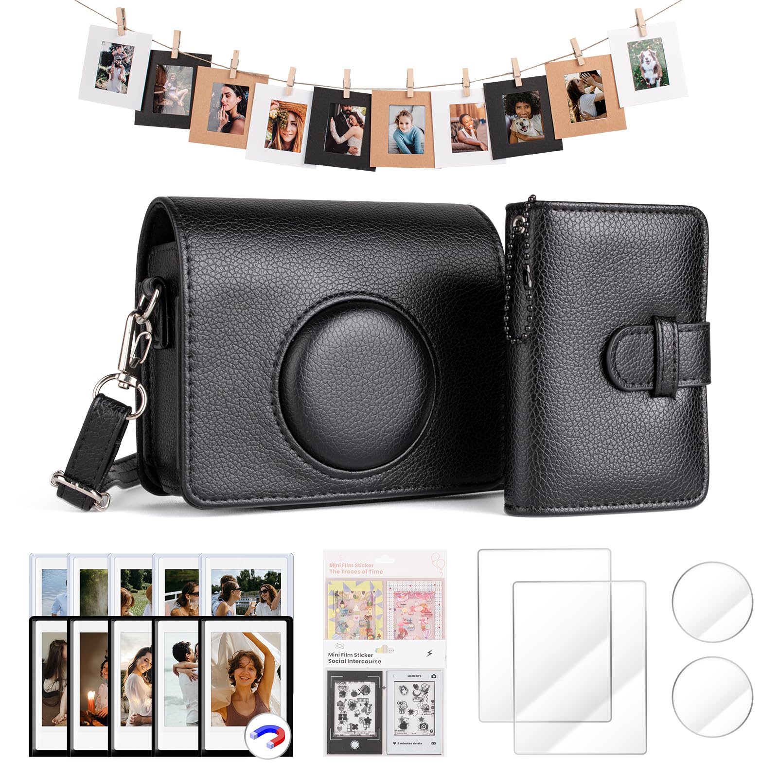 HIYQIN Mini EVO Camera Case and Accessories Bundle, for Fuji Instax Mini EVO Leather Case/Screen & Lens Protector/Photo Album/Magnetic Frames/Hanging Frames/Stickers - Black Case