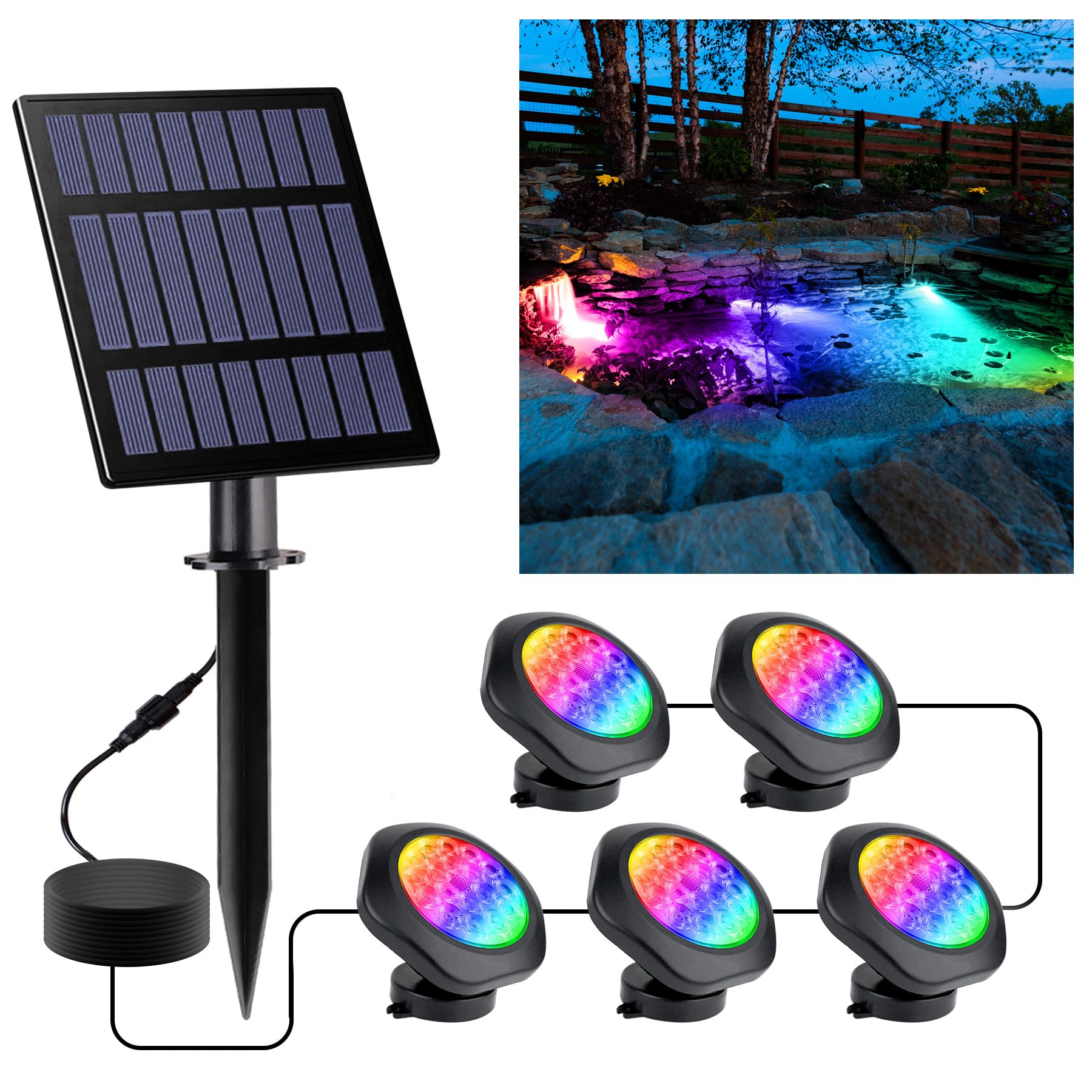 NATPOW Solar Pond Lights, RGB Landscape Spotlights Color Changing, IP68 Underwater Pond Light Submersible LED Lights for Fish Aquarium Tank Garden Yard Pool Fountain Pond (5 Head Lamp)