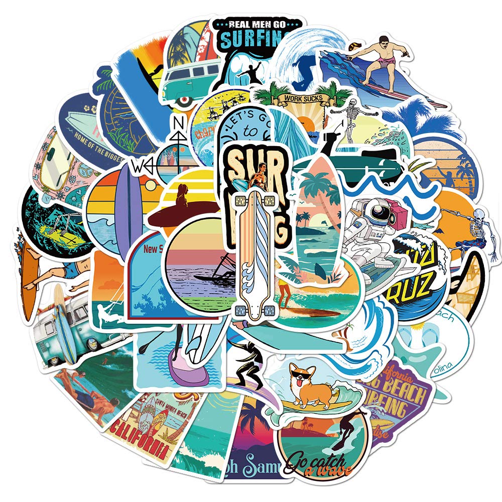 50Pcs Summer Surfing Stickers Laptop Car Scrapbook Phone Skateboard Suitcase Luggage Bike Surfing Stickers Vinyl Waterproof Aesthetic Personalised Stickers for Teens Boys Girls Adults Children