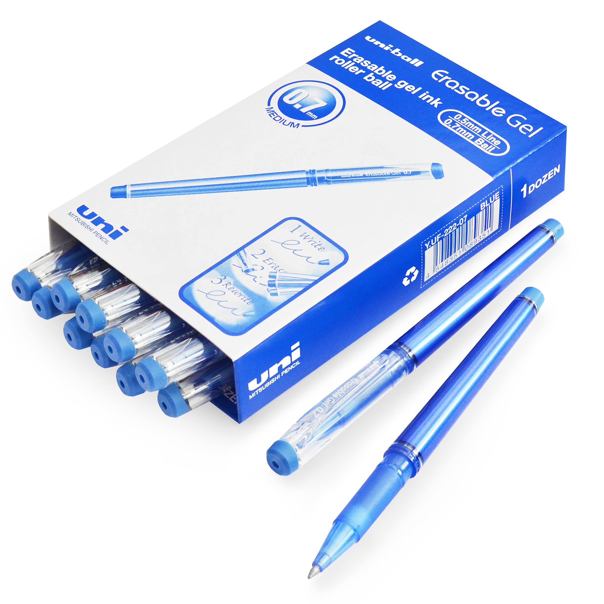 uni-ball UF-222-07 Erasable Rollerball Gel Pens. Premium 0.7mm Ballpoint Tip for Super Smooth Writing, Drawing & Colouring.. Pack of 12 Blue