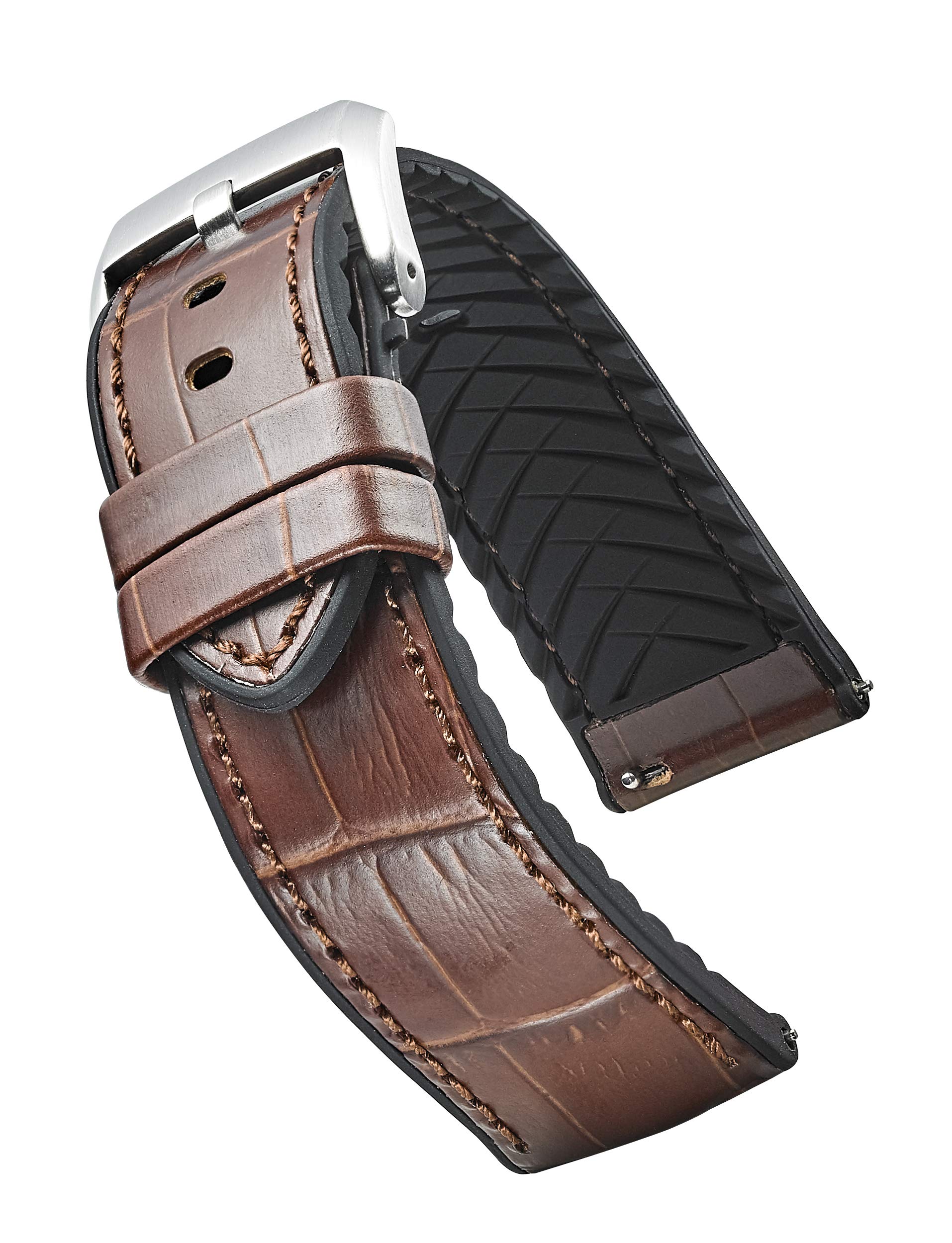 ALPINE Genuine Leather Watch Strap with Silicone Waterproof Lining and Quick Release Steel Spring Bars - watch band color - brown/black - 20 mm