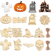 BENIMUS 48 Pcs Halloween Ornaments to Paint, 12 Styles DIY Blank Unfinished Wood Slices Halloween Cutouts Ornament, Wooden Skull Pumpkin Ghost Bat Boo Trick or Treat Ornaments for Party Hanging
