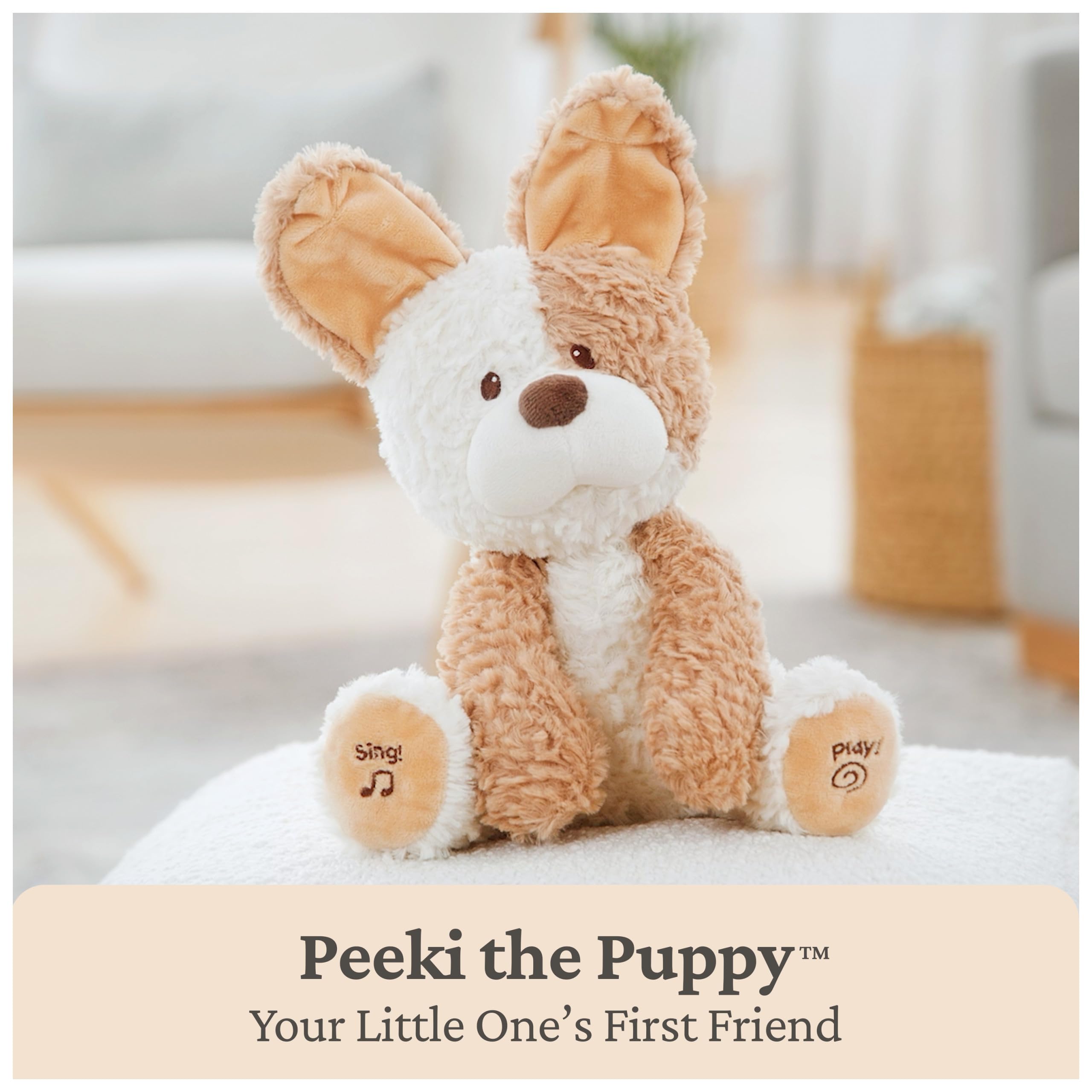 GUND Baby Peeki The Puppy Animated Plush, Singing Stuffed Animal, Sensory Toy for Babies and Toddlers, Plays Peek-a-Boo and Sings, Brown/Cream, 12”