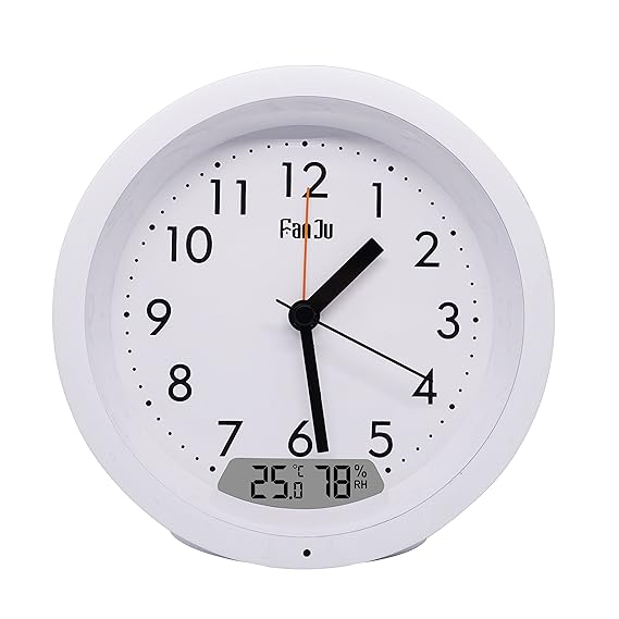 FanJu FJ5132W Runder Kleiner Analoger Reisewecker Ohne Ticken/Innentemperatur und Luftfeuchtigkeit/Wecker mit Schlummerfunkti