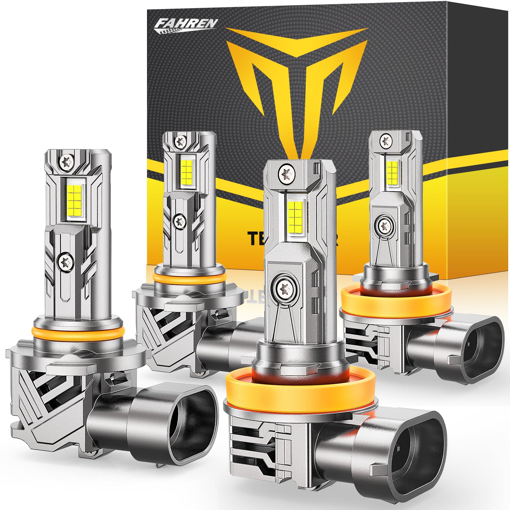 FAHREN H11/H8/H9 & 9005/HB3 Light Bulbs, 120000LM 1000% Super Brighter, 1:1 Design Plug N Play, 6500K Cool White, IP68 Waterproof, 80000Hrs Long Life with Cooling Fan, Pack of 4 Image