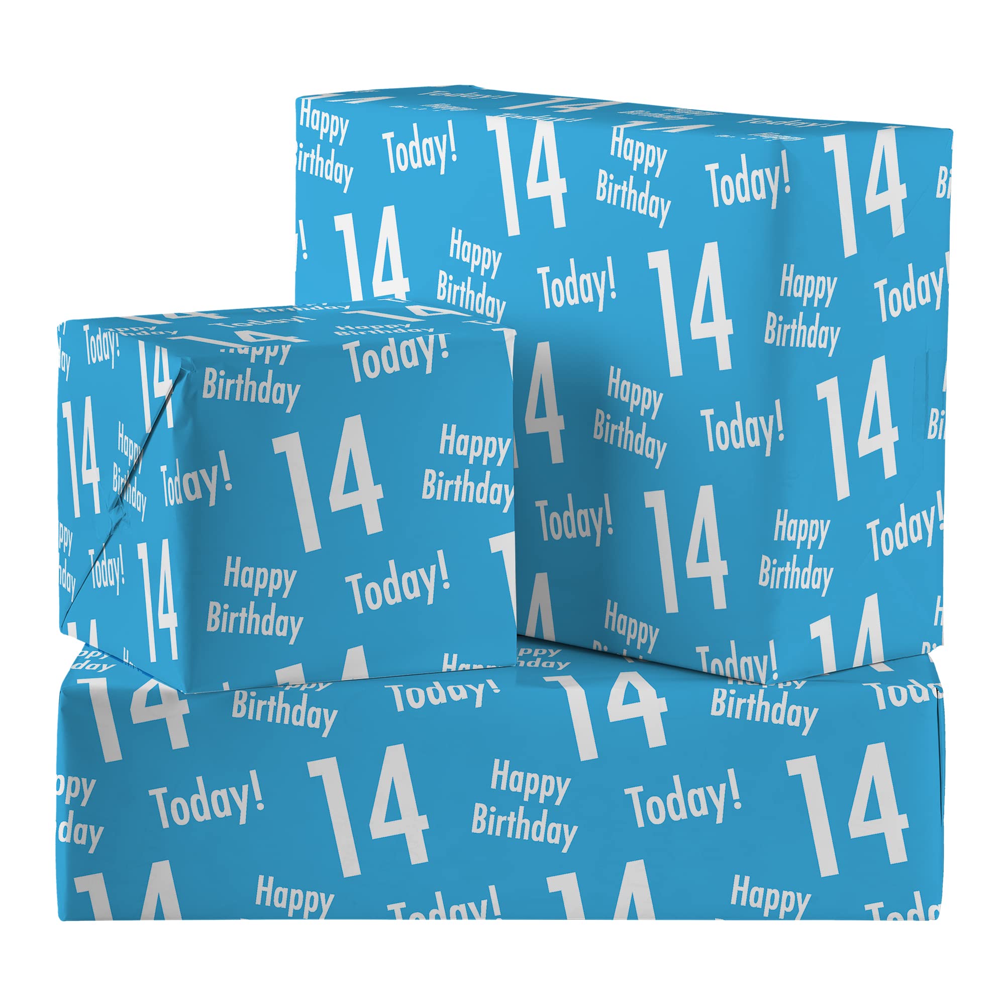 Hunts England - 2 Sheets Of 14th Birthday Blue Luxury Wrapping Paper For Boy - Includes 2 Gift Tags - Age 14 Male Folded Gift Wrap - Urban Colour Collection - Age Fourteen Gift Wrap For Boys