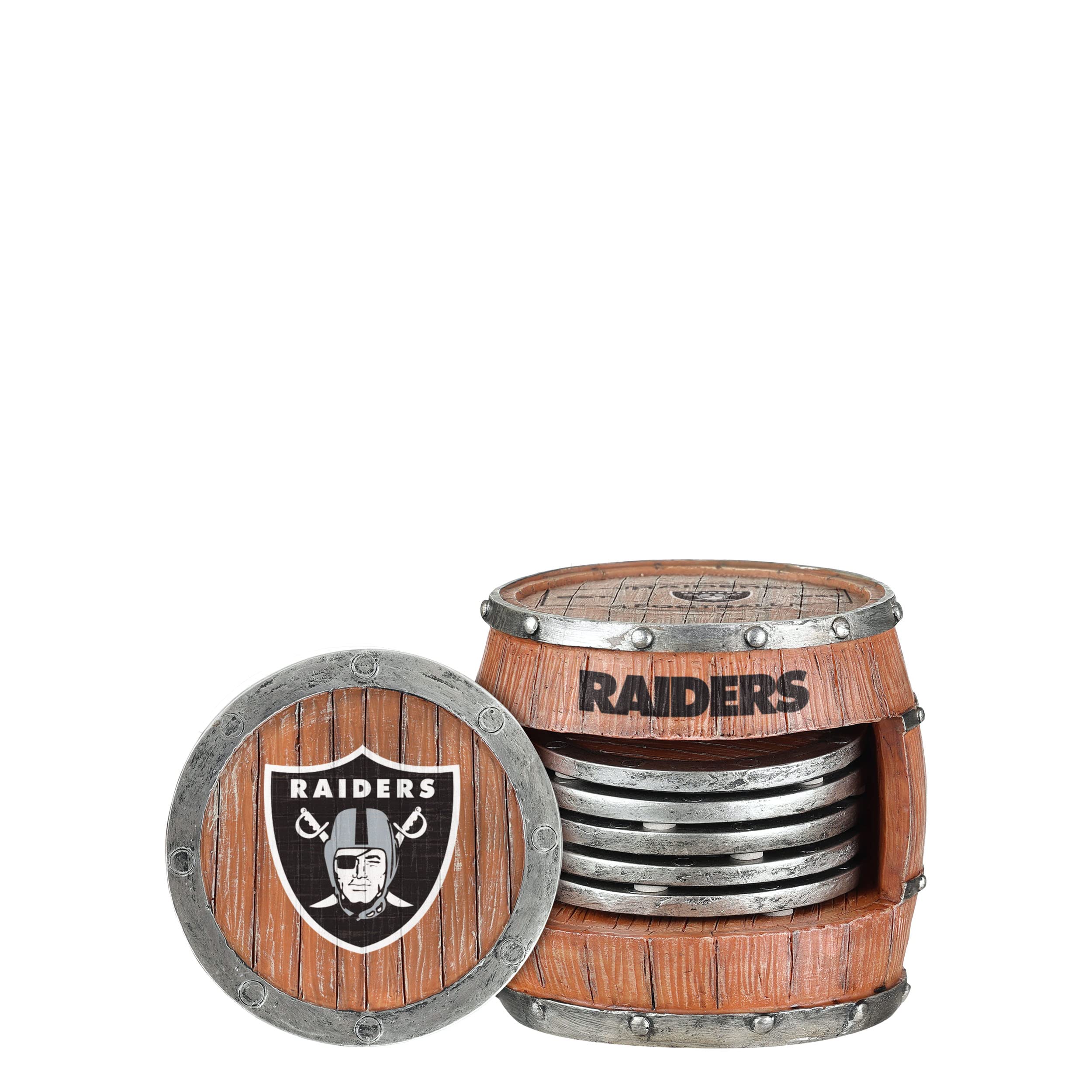 Photo 1 of (missing coasters)  Las Vegas Raiders NFL 5 Pack Barrel Coaster Set