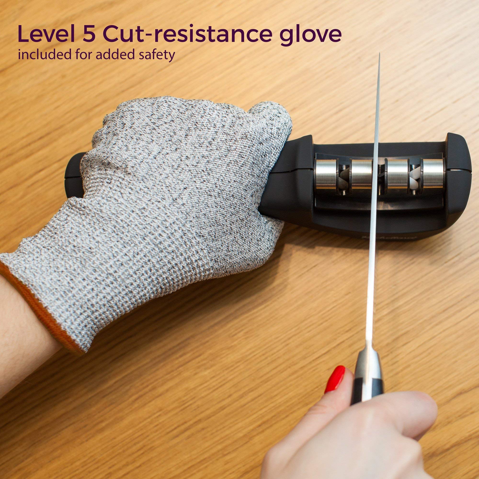 Kitchen Knife Sharpener - 3-Stage Knife Sharpening Tool Helps Repair, Restore and Polish Blades - Cut-Resistant Glove Included