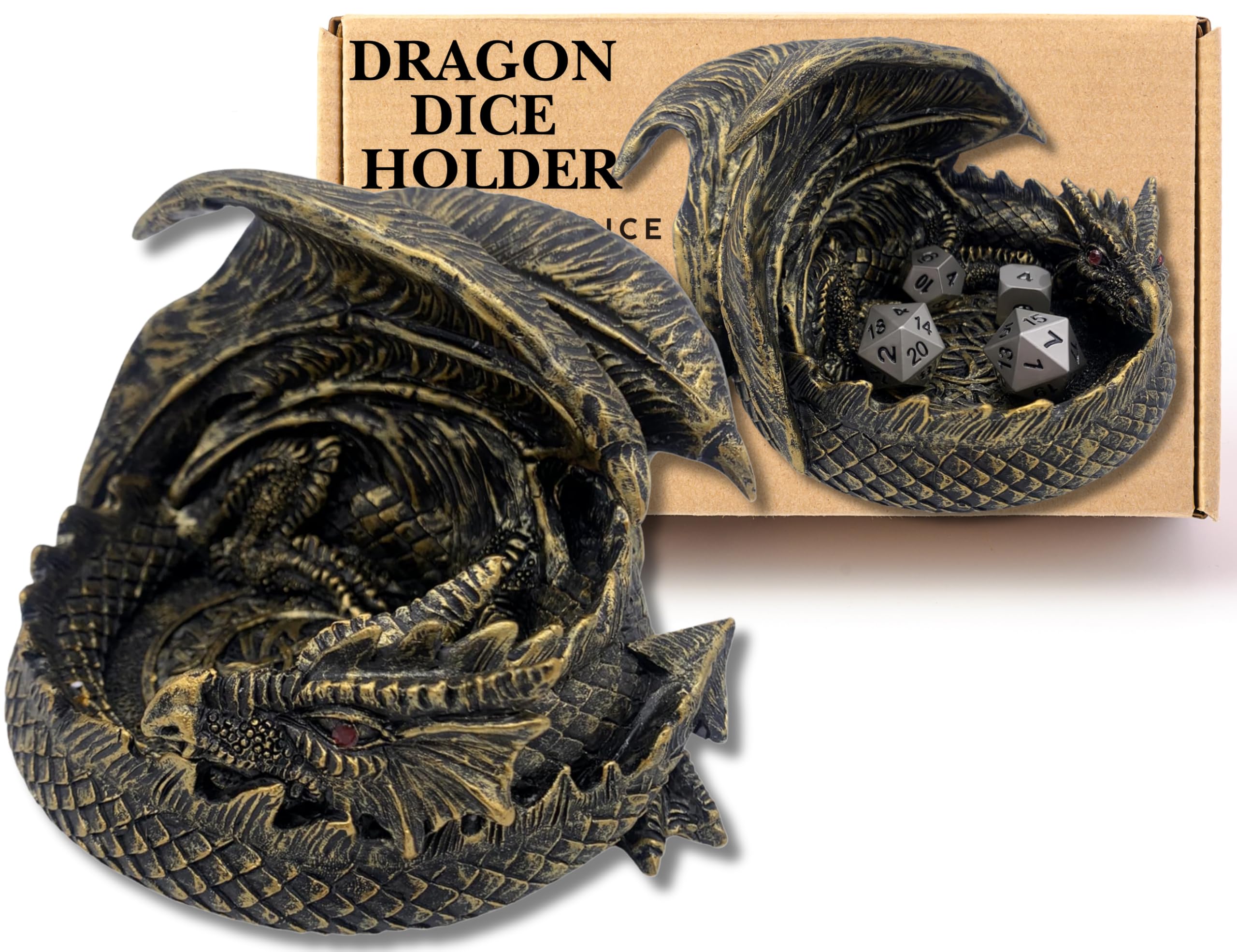 Grinning Gargoyle - 14cm Dragon DnD Dice Jail Guardian in Gold - Perfect Dice Holder for Roleplaying Games - Dice Tray Tabletop Gaming Accessories - DnD Merch Decor - D n D Gifts for RPG Display