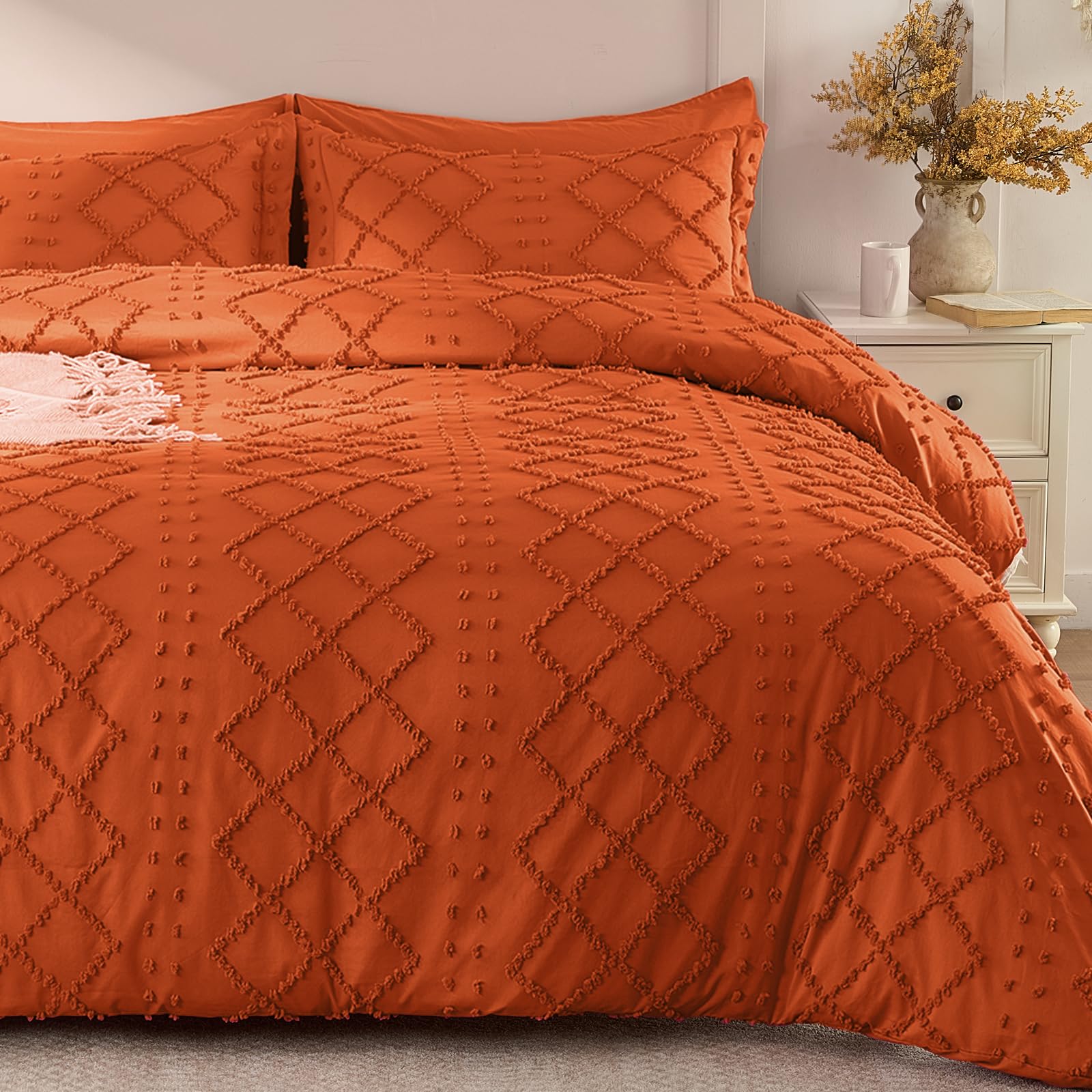 Photo 1 of ***SIMILAR PRODUCT*** Boho Duvet Cover Queen Size, Burnt Orange Tufted Duvet Cover with Zipper & Ties, No Comforter, Shabby Chic Textured Bedding for Farmhouse Country, Breathable & Soft Microfiber