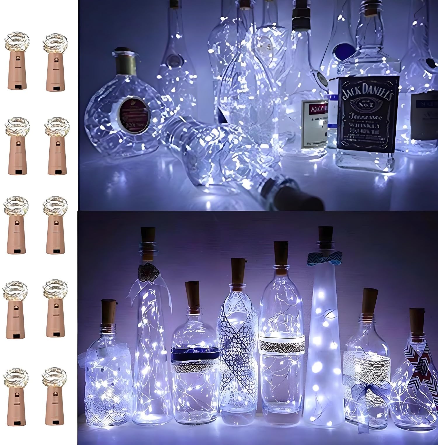 FANSIR Wine Bottle Lights with Cork, 10 Pack Battery Operated LED Cork Silver Wire Fairy Mini String Light for Party Birthday Wedding Christmas DIY Table Centrepiece Indoor/Outdoor Decor (Cool White)