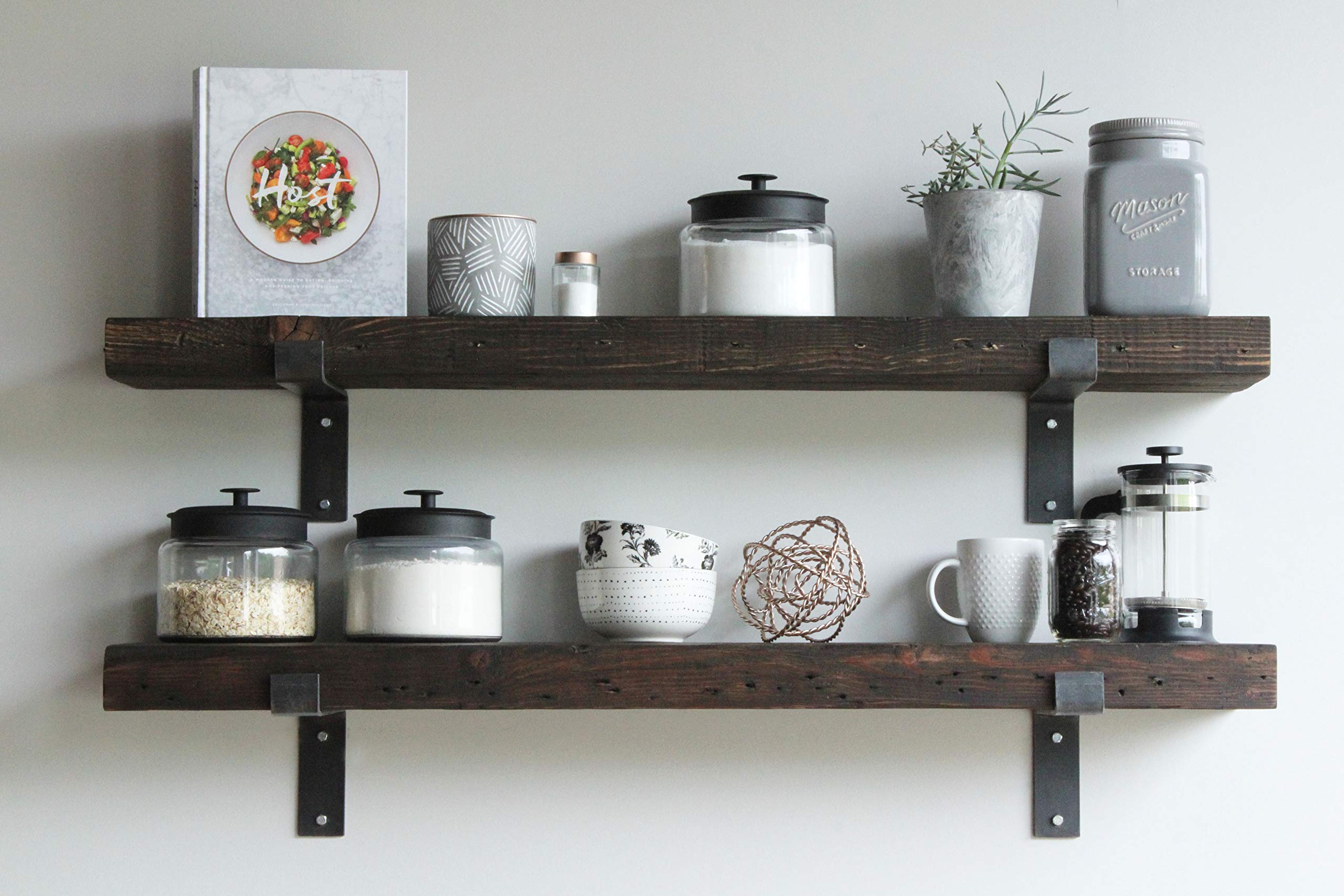 Urban Reclaimed Barnwood Shelves - Set of 2 - Amish Handcrafted in Lancaster, PA - Rustic with Raw Metal Brackets (Rustic Brown, 24" x 10" x 2.5" Full Bracket)