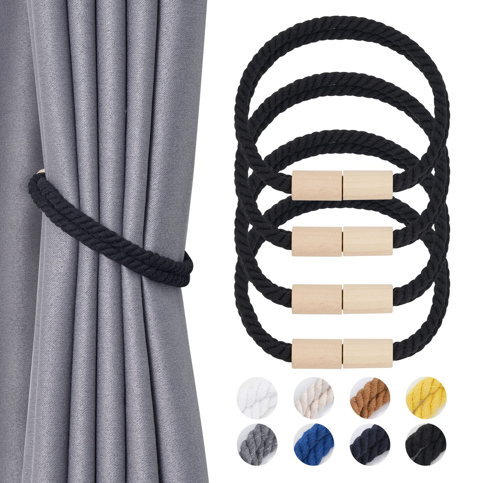 Pretty Jolly 4 Pack Wooden Magnetic Curtain Tiebacks Boho Decoration Drape Tie Backs Natural Cotton Handmade Double Rope Curtain Holdbacks for Thin & Thick Home & Office Window Drapery (New Black)