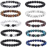 FIRAZIO 10 Pcs Tiger Eye Bracelet For Men 8MM Natural Stone Beads Bracelet Set Stretch Lava Rock Bracelets Adjustable Black Crystal Beaded Bracelet for Men Women Gifts