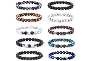 FIRAZIO 10 Pcs Tiger Eye Bracelet For Men 8MM Natural Stone Beads Bracelet Set Stretch Lava Rock Bracelets Adjustable Black Crystal Beaded Bracelet for Men Women Gifts