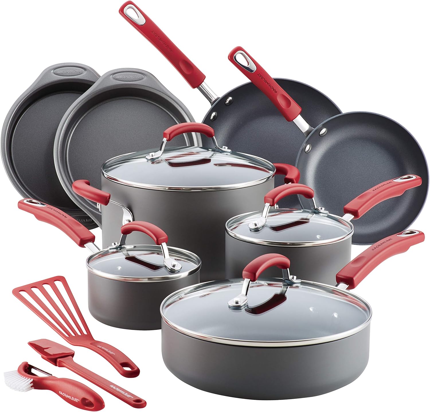 Rachael Ray 87670 15-Piece Hard Anodized Aluminum Cookware Set, Gray with Red Handles