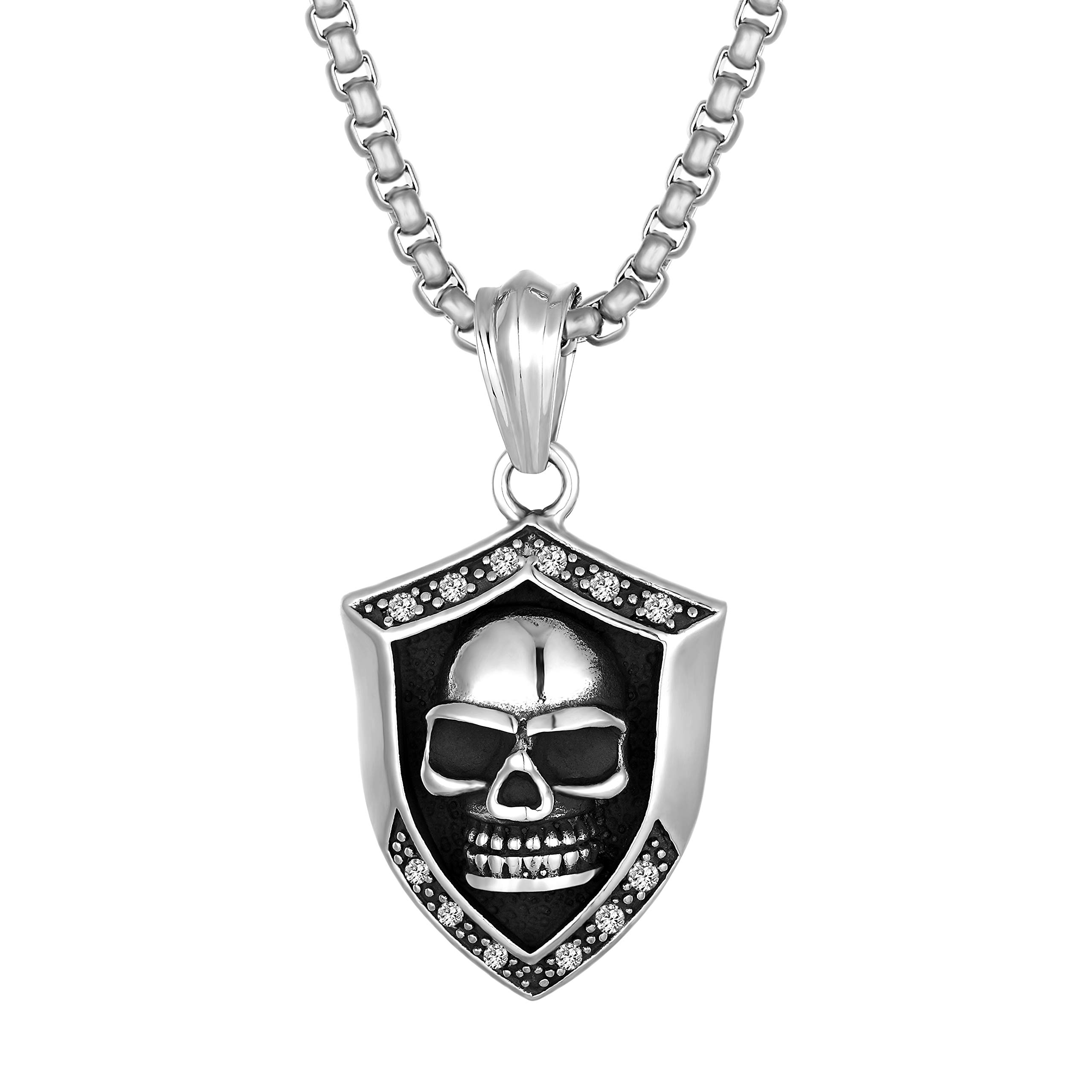 URBAN JEWELRY Men's Bold Shield Pendant Skull Biker Dead Necklace in a Black and Silver Colour Durable Stainless Steel Pendant and Polished Chain