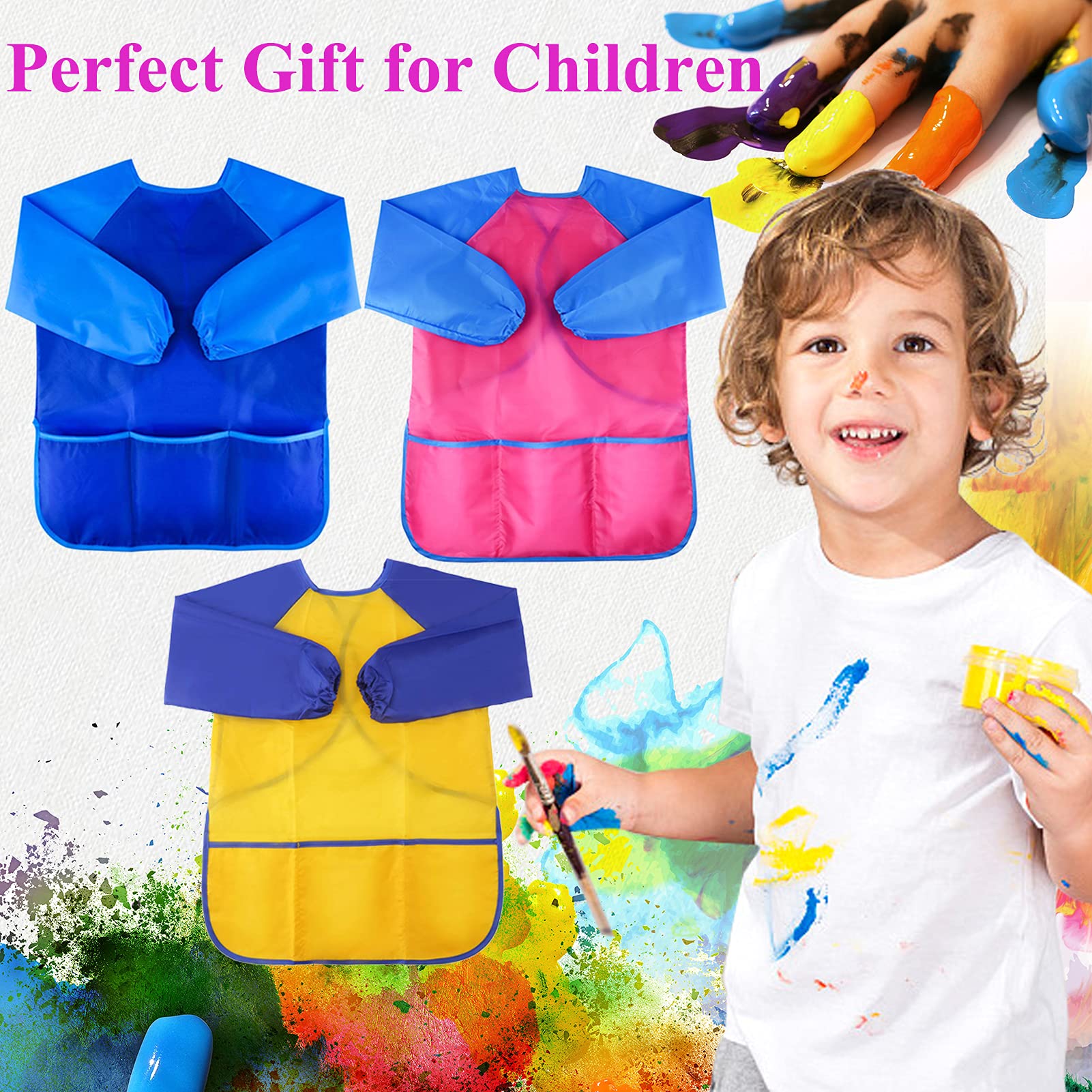 URSKYTOUS 6Pcs Kids Art Smocks, Toddler Smocks, Waterproof Smock for Kids Painting, Colorful Children Aprons, Artist Painting Smock, Long Sleeves With 3 Roomy Pockets, Age 3-7 Years