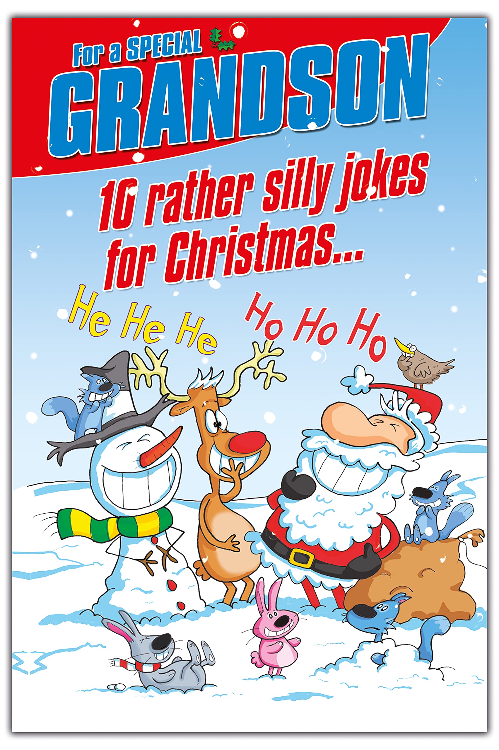 Emotional Rescue Christmas Card for a Special Grandson, 10 Rather Silly Jokes for Christmas, Grandson Xmas Card, Blue & Red, 23.5 x 15.9 cms
