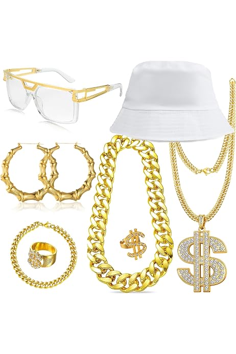 Accesorios Hip Hop Años 80/90: Gafas, Cadena Dólar, Pulsera Y Anillo Para Conciertos Y Cosplay