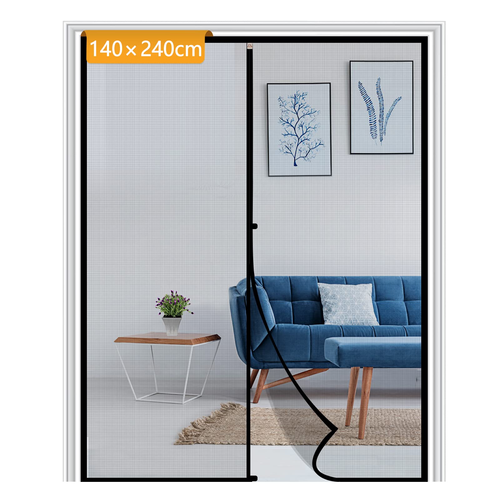 Yotache Fly Screen Door 140 x 240 cm, Reinforced Polyester Anti-Tearing Insect Fly Mesh with Full Frame Hook & Loop, Black